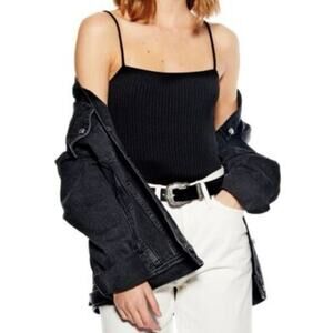 TOPSHOP Bodysuit Black Staple Piece Size 10 Ribbed and Square Neck, Minimalist